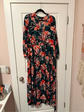 Eloquii Teal Maxi Dress with Red and White Floral Print with Tie Waist